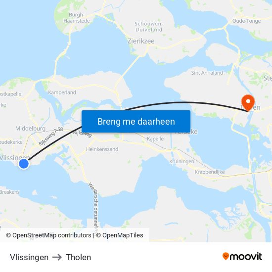 Vlissingen to Tholen map