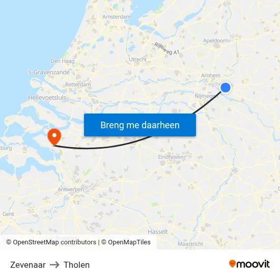 Zevenaar to Tholen map