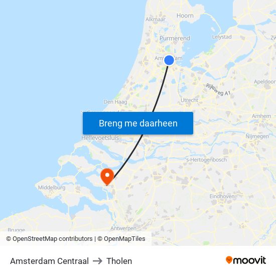 Amsterdam Centraal to Tholen map