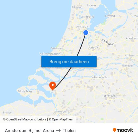 Amsterdam Bijlmer Arena to Tholen map