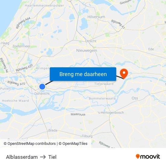 Alblasserdam to Tiel map