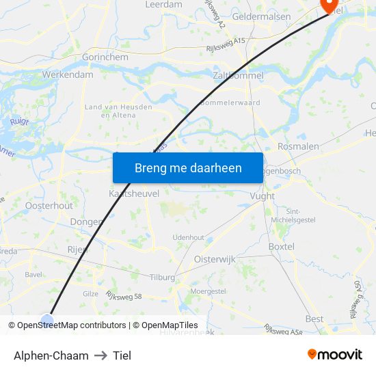 Alphen-Chaam to Tiel map