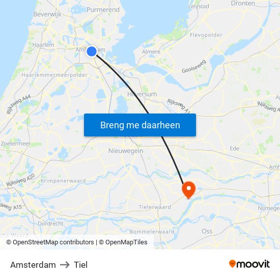 Amsterdam to Tiel map