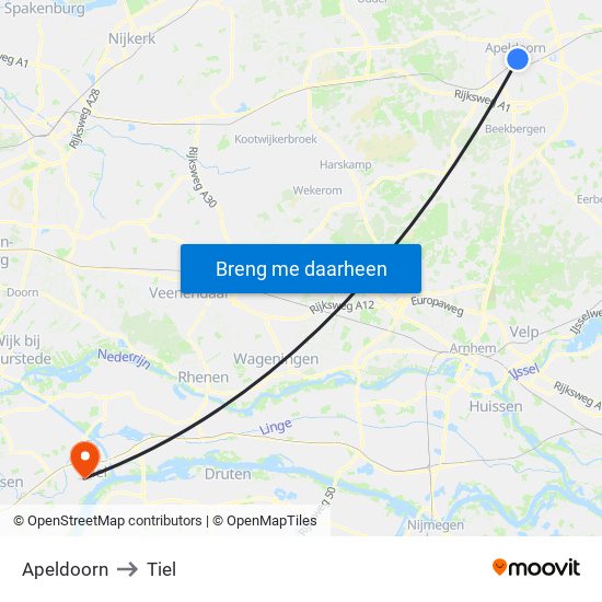 Apeldoorn to Tiel map