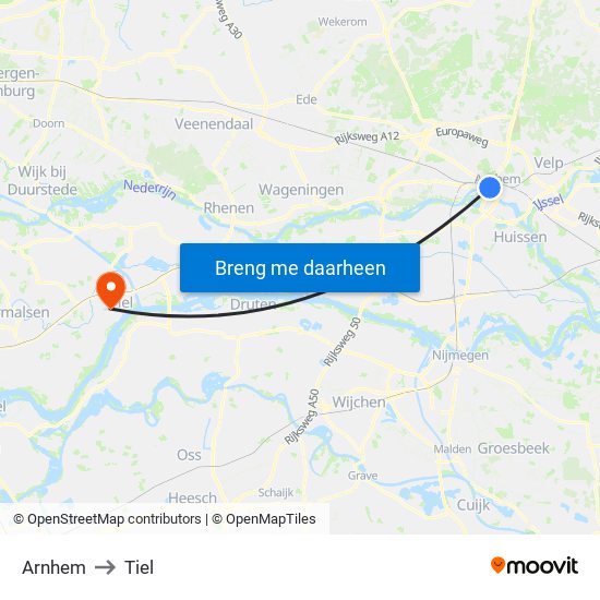 Arnhem to Tiel map