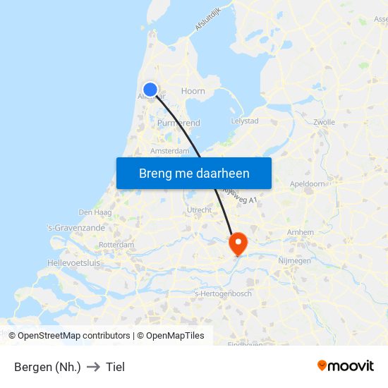 Bergen (Nh.) to Tiel map