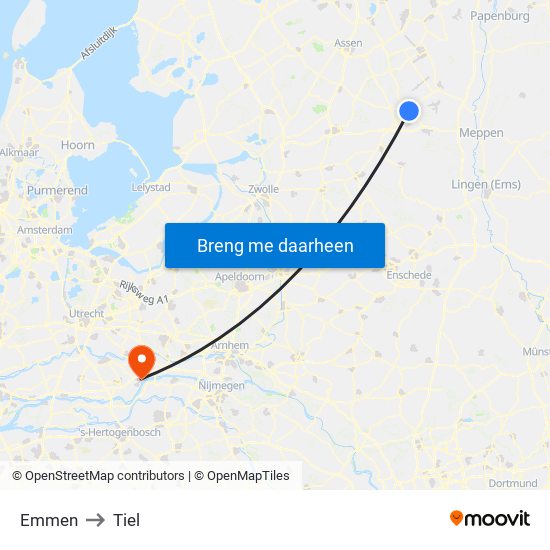 Emmen to Tiel map
