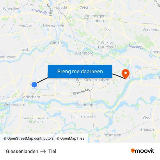 Giessenlanden to Tiel map