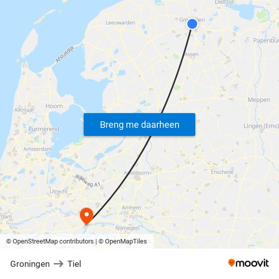 Groningen to Tiel map