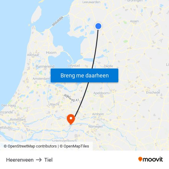 Heerenveen to Tiel map