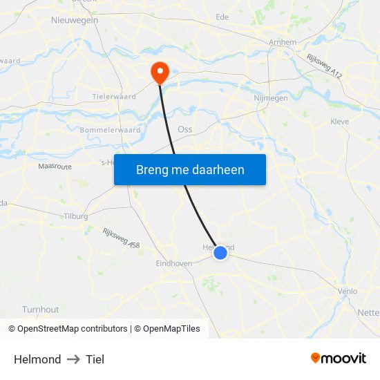 Helmond to Tiel map