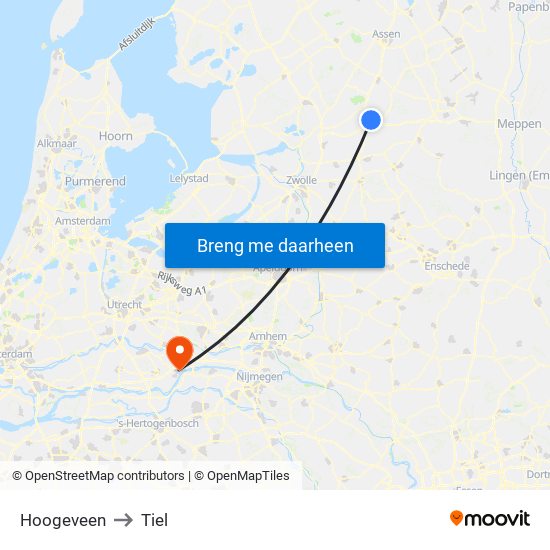 Hoogeveen to Tiel map