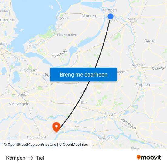 Kampen to Tiel map