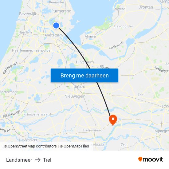Landsmeer to Tiel map