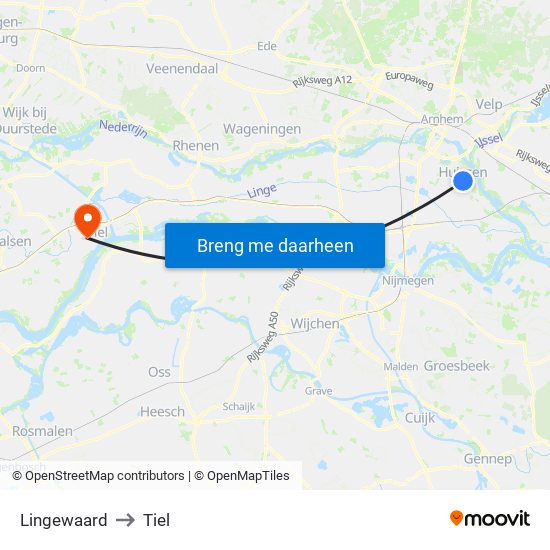 Lingewaard to Tiel map