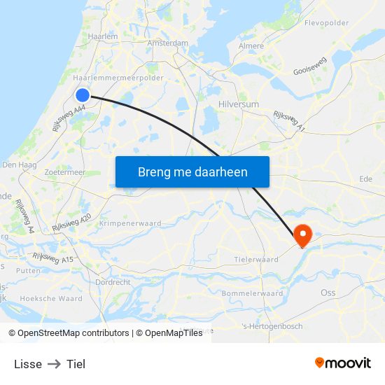 Lisse to Tiel map