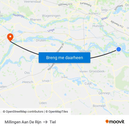 Millingen Aan De Rijn to Tiel map