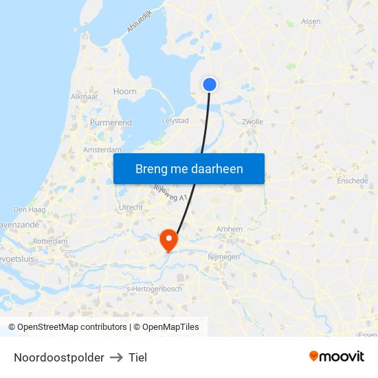 Noordoostpolder to Tiel map