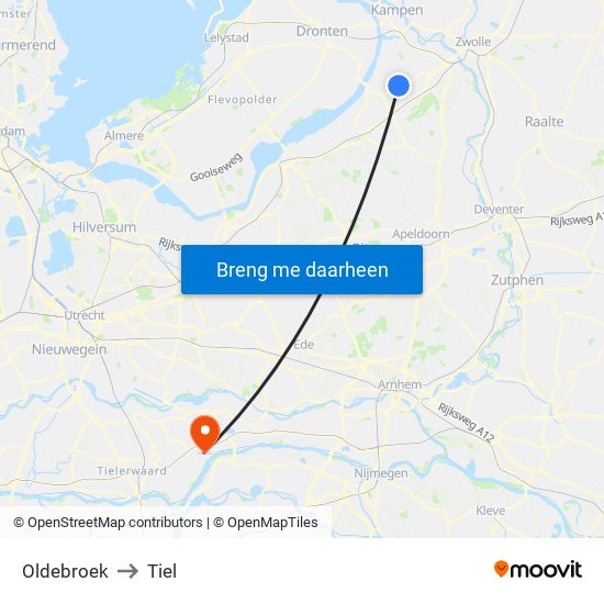 Oldebroek to Tiel map