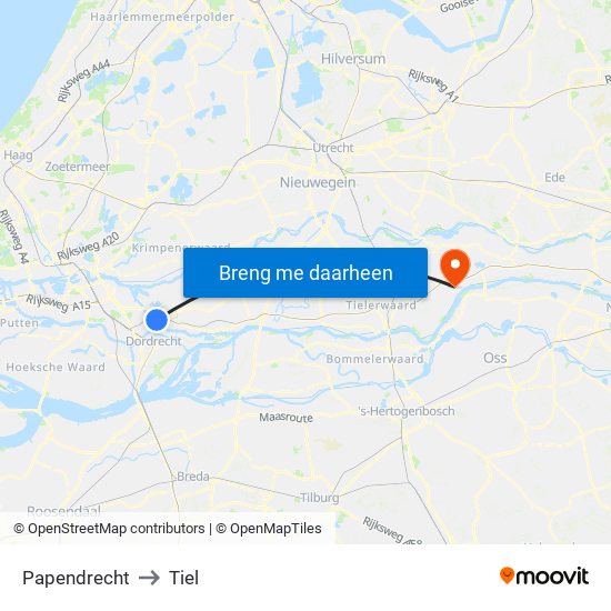 Papendrecht to Tiel map