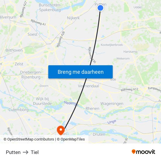 Putten to Tiel map