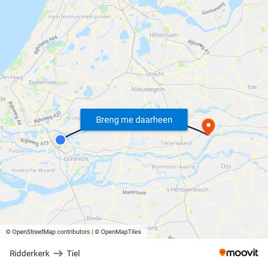 Ridderkerk to Tiel map