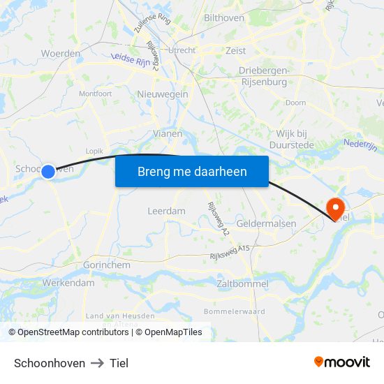 Schoonhoven to Tiel map