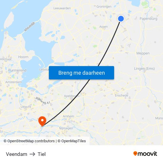 Veendam to Tiel map