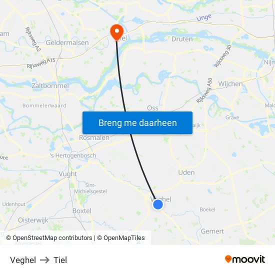 Veghel to Tiel map