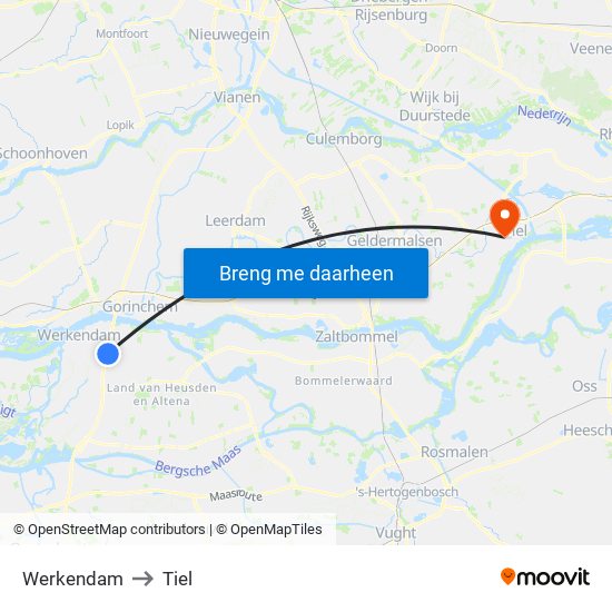Werkendam to Tiel map