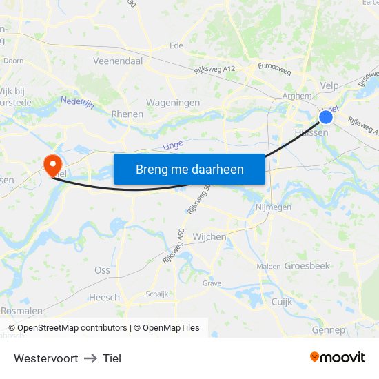 Westervoort to Tiel map