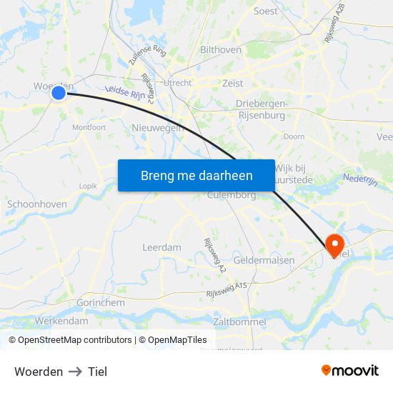 Woerden to Tiel map