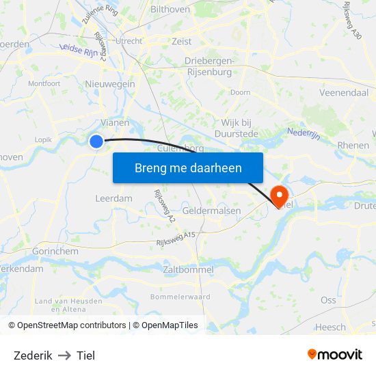 Zederik to Tiel map