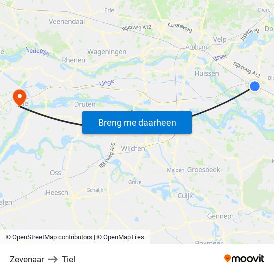 Zevenaar to Tiel map