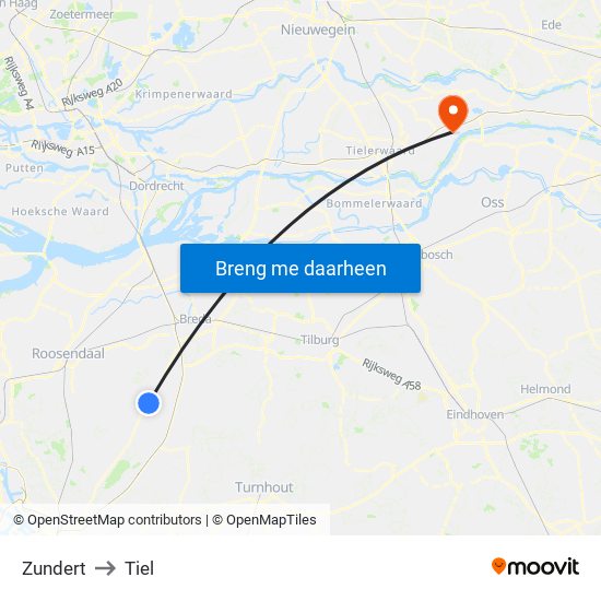 Zundert to Tiel map