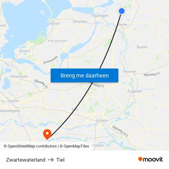 Zwartewaterland to Tiel map