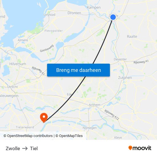 Zwolle to Tiel map