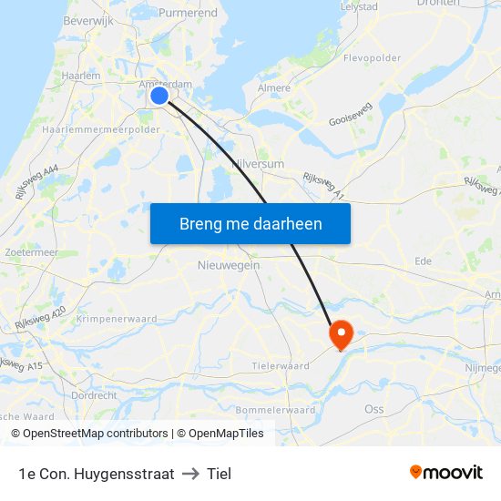 1e Con. Huygensstraat to Tiel map