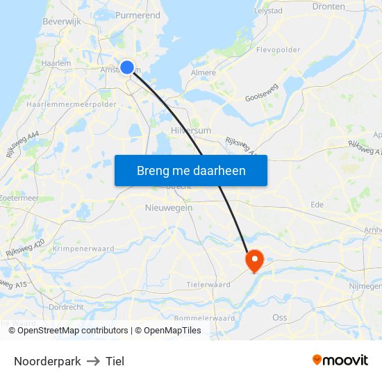 Noorderpark to Tiel map