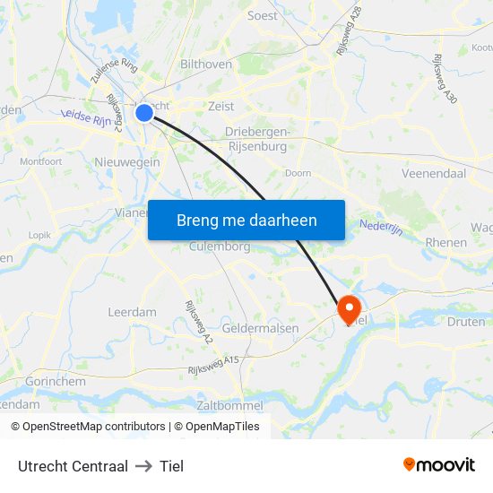 Utrecht Centraal to Tiel map