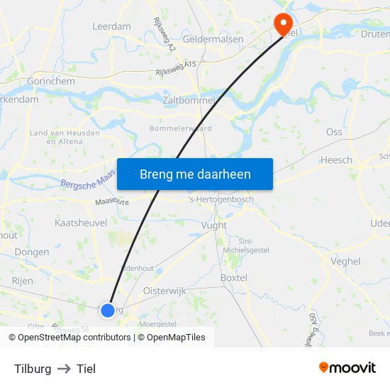 Tilburg to Tiel map