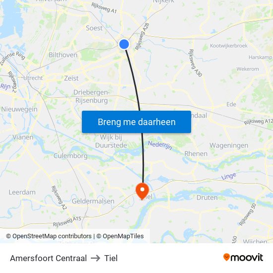 Amersfoort Centraal to Tiel map