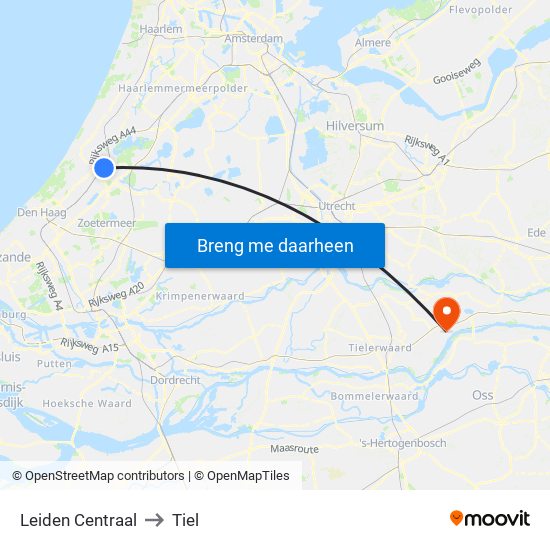 Leiden Centraal to Tiel map
