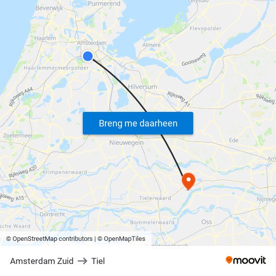 Amsterdam Zuid to Tiel map