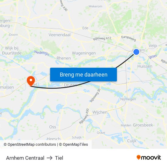 Arnhem Centraal to Tiel map