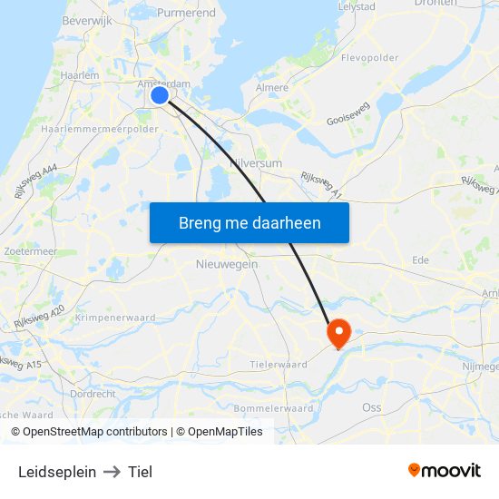 Leidseplein to Tiel map