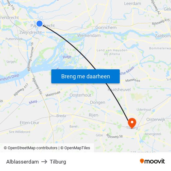 Alblasserdam to Tilburg map