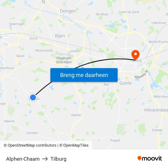 Alphen-Chaam to Tilburg map