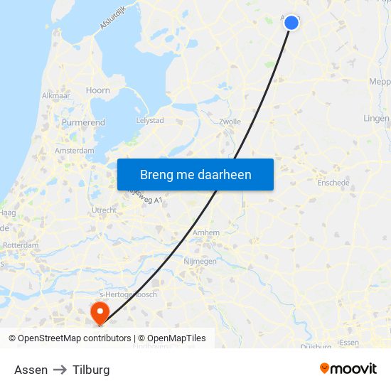 Assen to Tilburg map