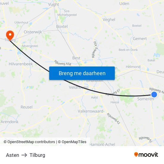 Asten to Tilburg map